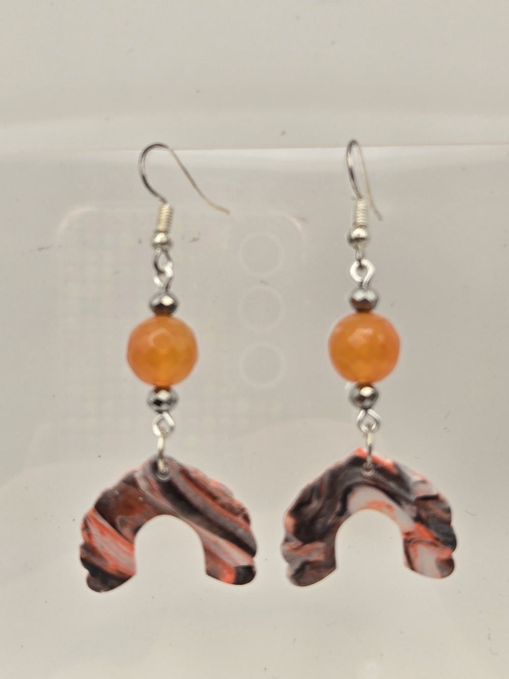 #B161- Handcrafted Orange & Black Marbled Drop Earrings with Agate Beads